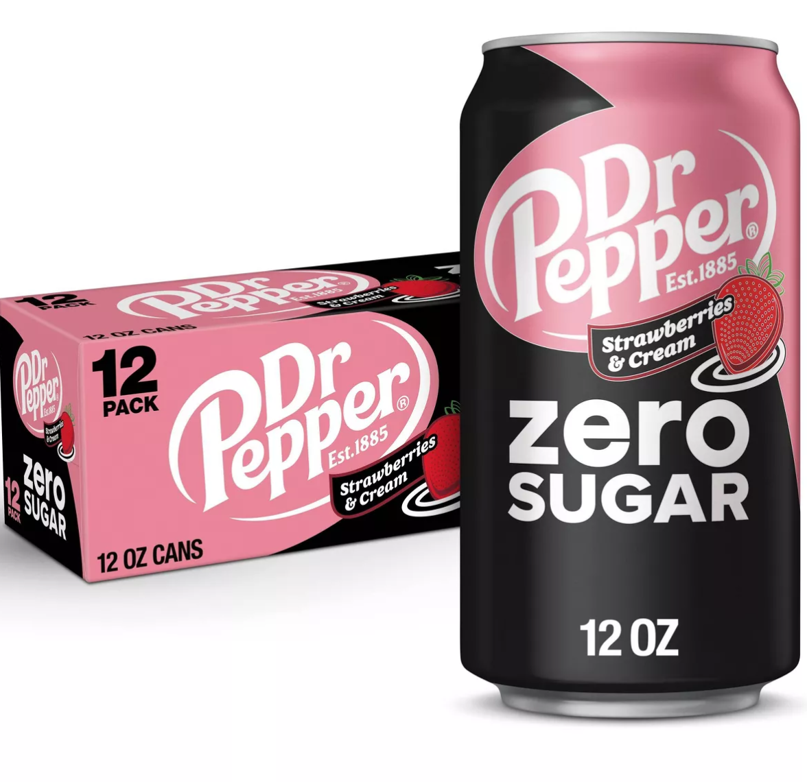 Dr. Pepper Zero Sugar Strawberries & Cream Soda 12 fl oz cans, 12 cans