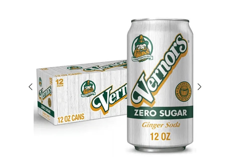 Vernors Zero Sugar Ginger Soda, 12 fl oz cans pack of 48.